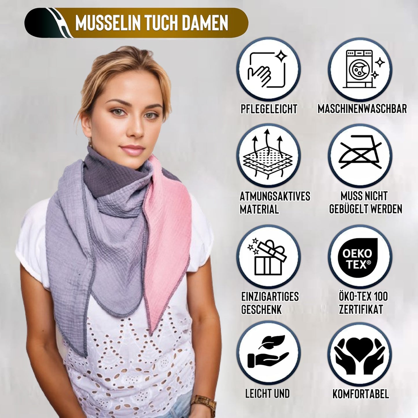 Musselin Schal Damen Dreieckig Mehrfarbig Grau-DunkelGrau-AltRosa