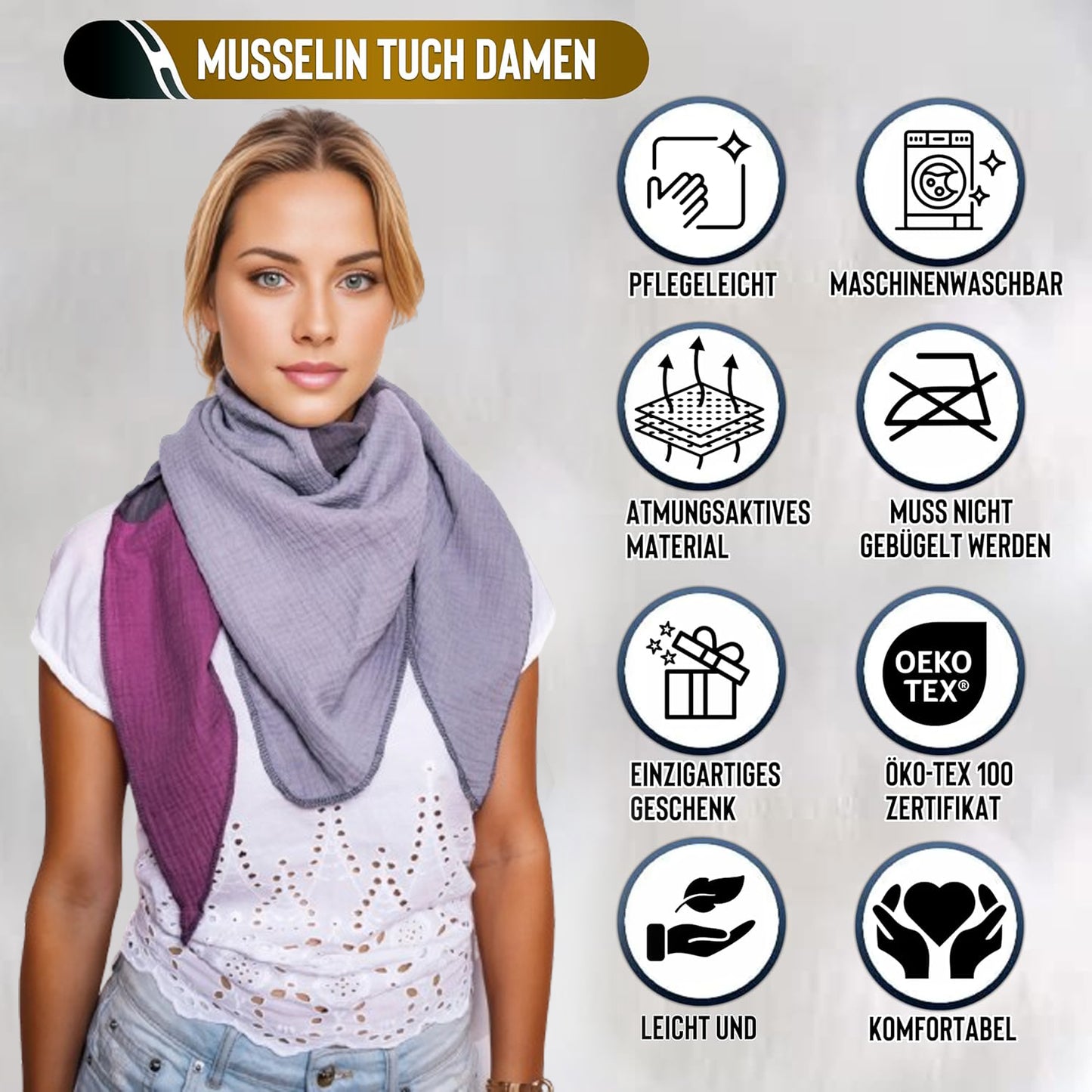 Musselin Schal Damen Dreieckig Mehrfarbig Grau-Dunkelgrau- DunkelPurple