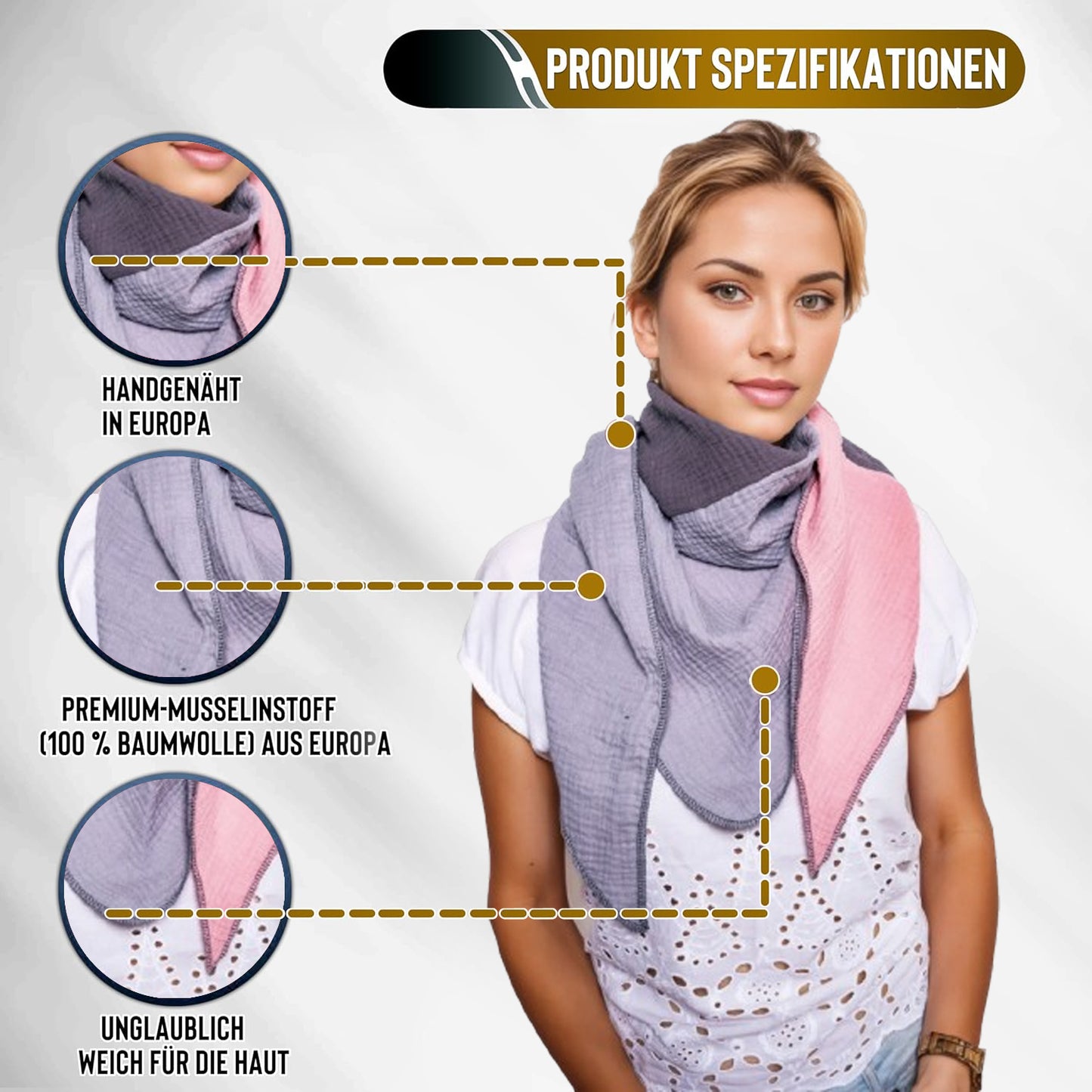 Musselin Schal Damen Dreieckig Mehrfarbig Grau-DunkelGrau-AltRosa