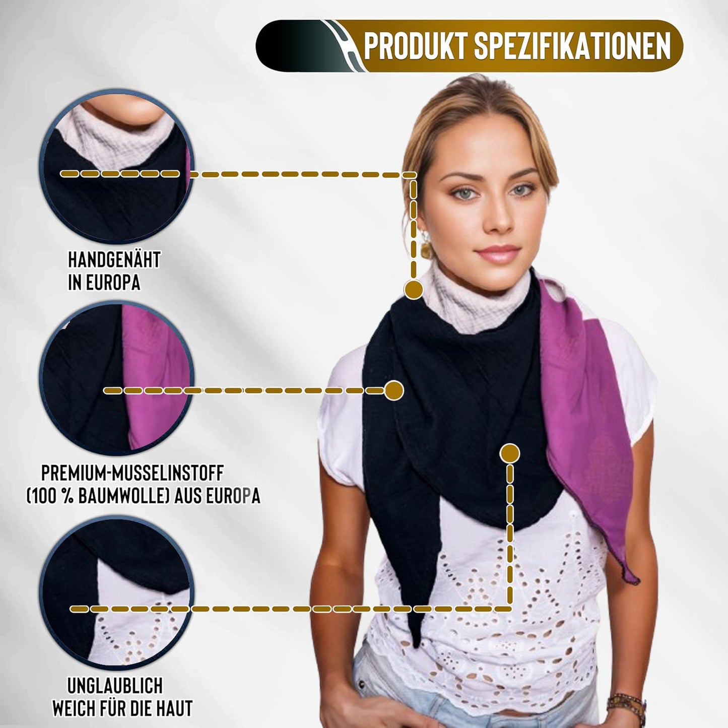 Musselin Schal Damen Dreieckig Mehrfarbig Schwarz-HellerSand-DunkelPurple