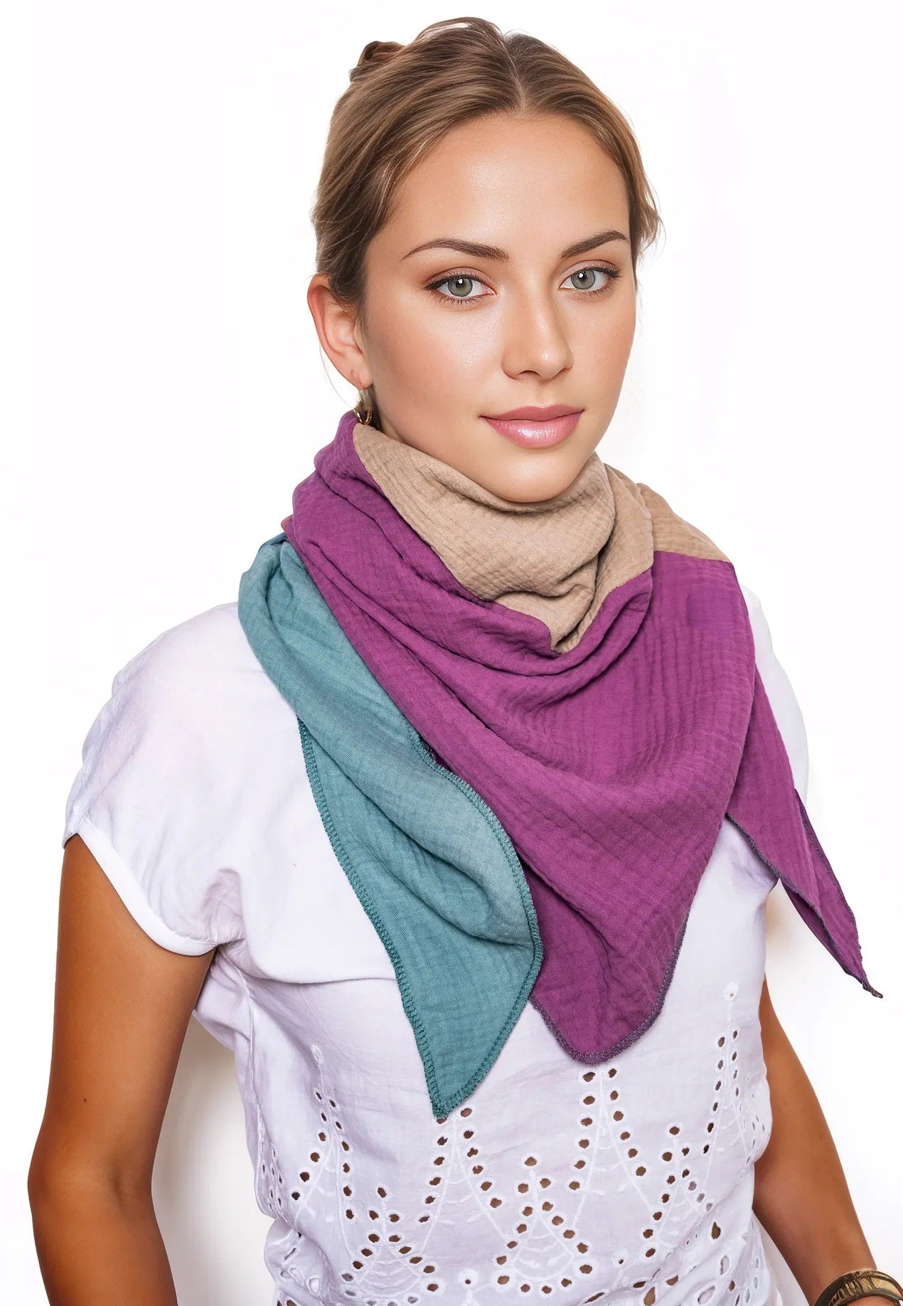 Musselin Schal Damen Dreieckig Mehrfarbig Grün-Beige-DunkelPurple