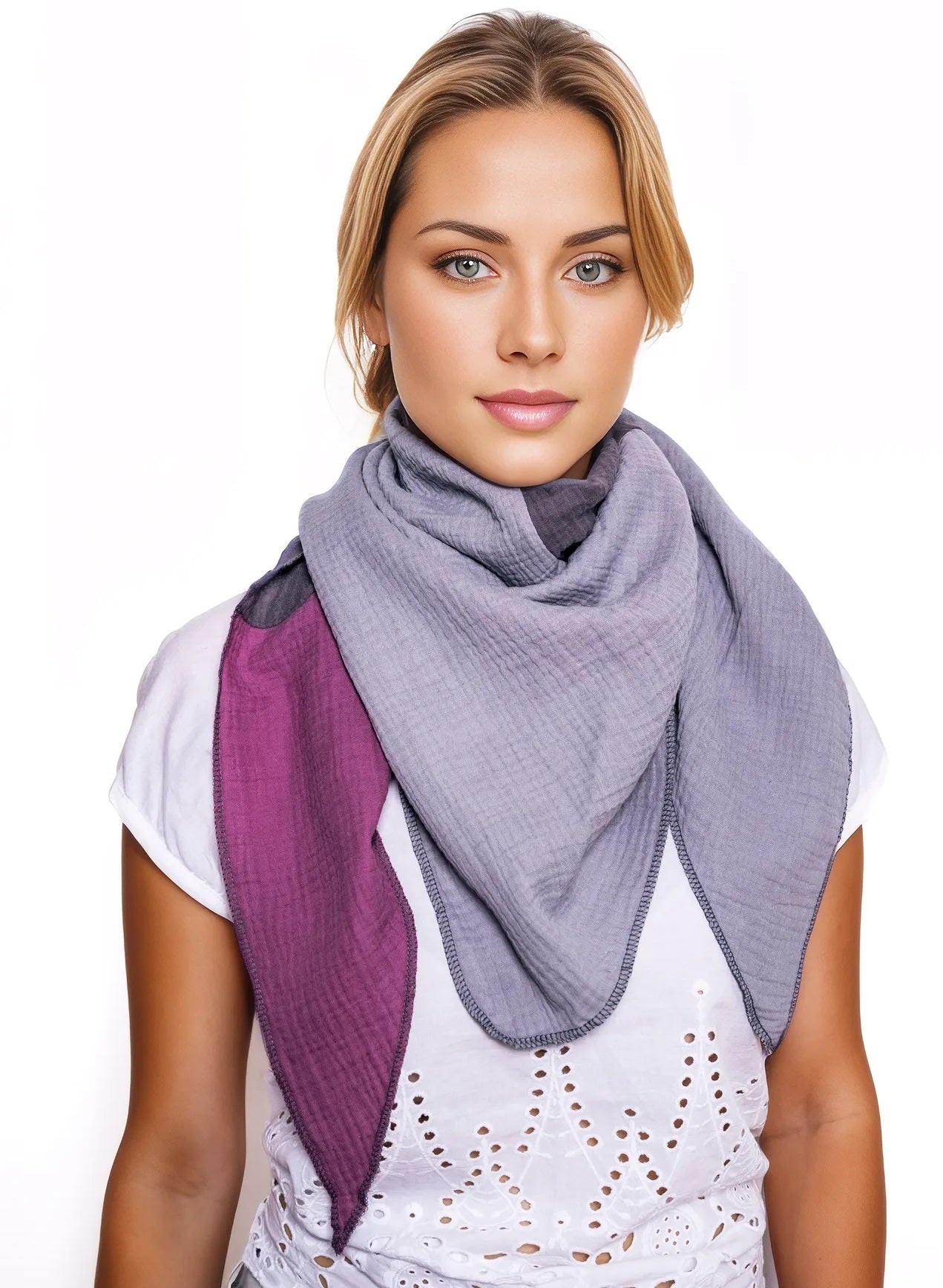 Musselin Schal Damen Dreieckig Mehrfarbig Grau-Dunkelgrau- DunkelPurple