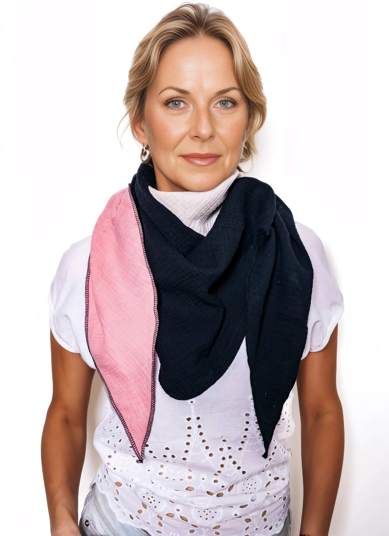 Musselin Schal Damen Dreieckig Mehrfarbig Schwarz-HellerSand-AltRosa