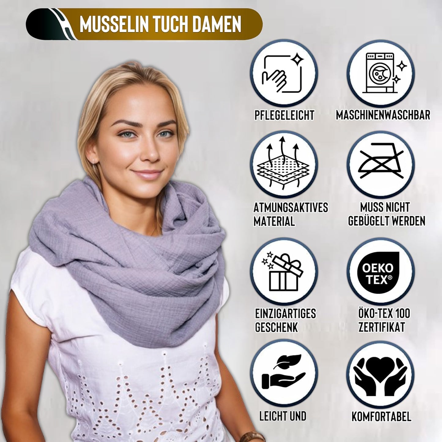 Musselin Loop Schal Damen Grau