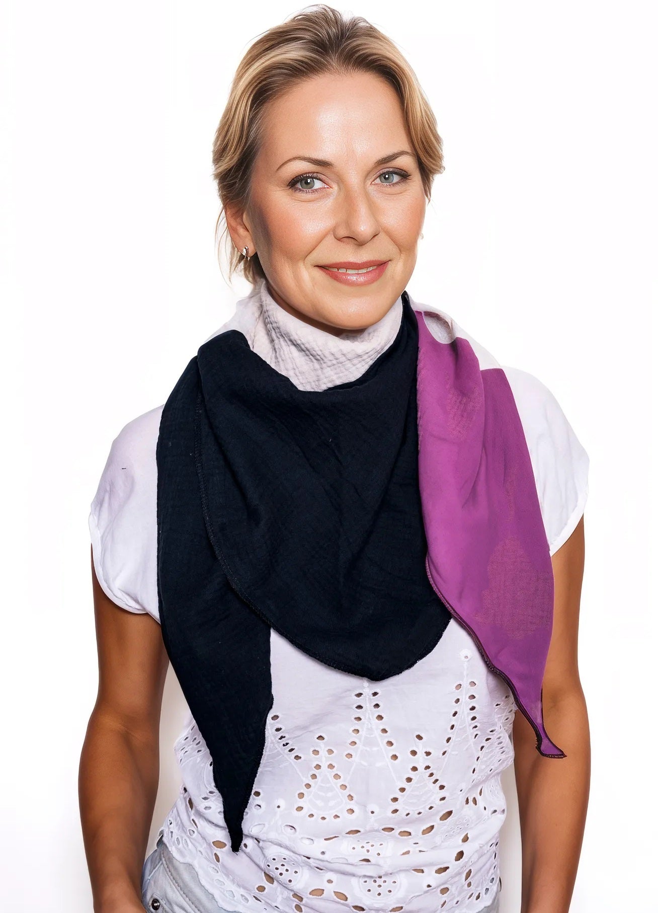 Musselin Schal Damen Dreieckig Mehrfarbig Schwarz-HellerSand-DunkelPurple