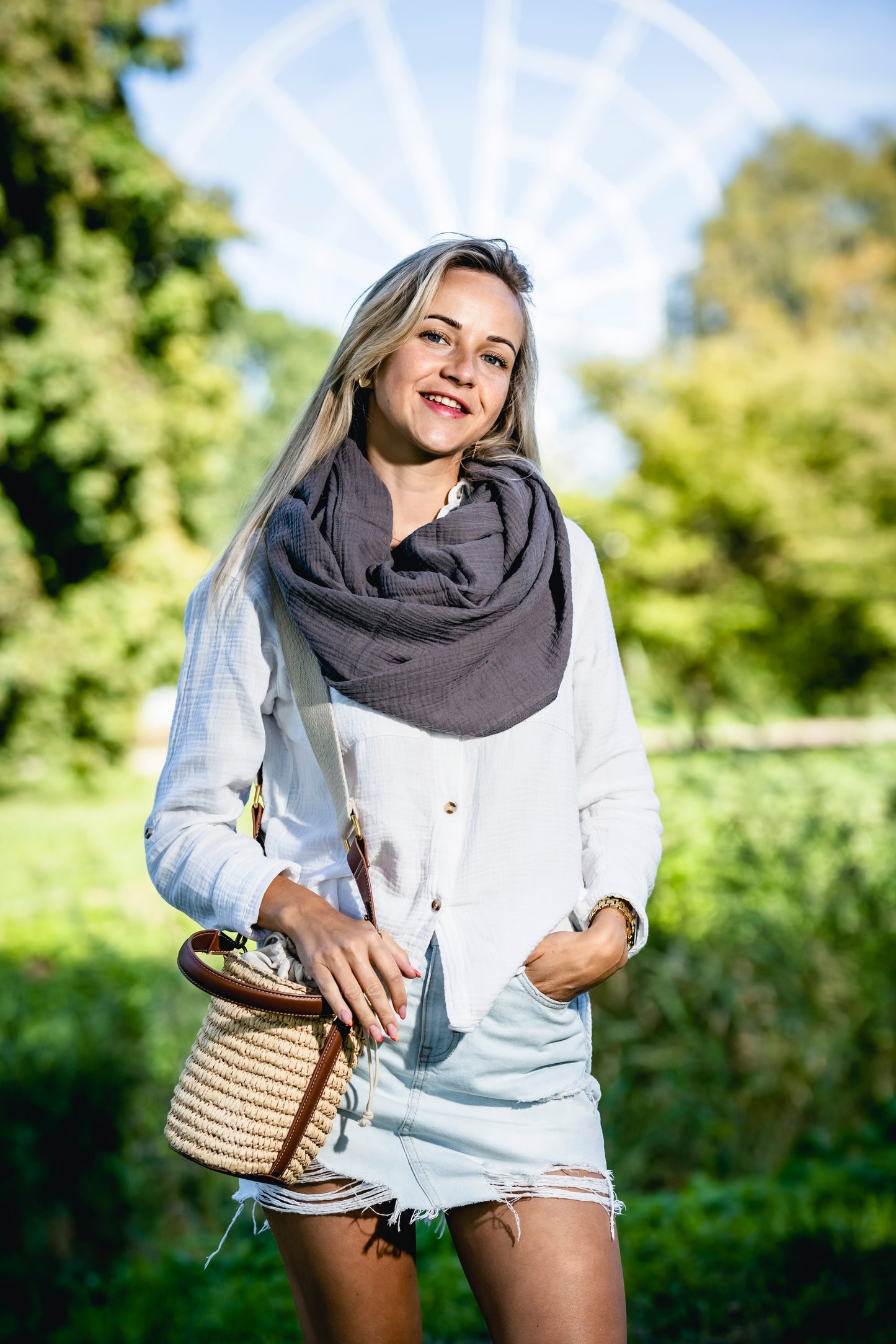 Musselin Loop Schal Damen Dunkelgrau