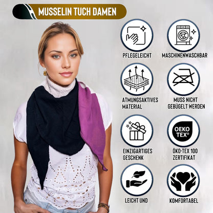 Musselin Schal Damen Dreieckig Mehrfarbig Schwarz-HellerSand-DunkelPurple