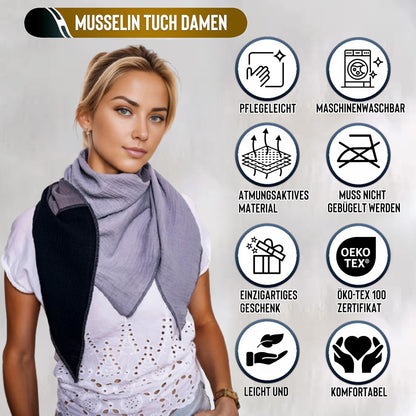 Musselin Schal Damen Dreieckig Mehrfarbig Grau-DunkelGrau-Schwartz