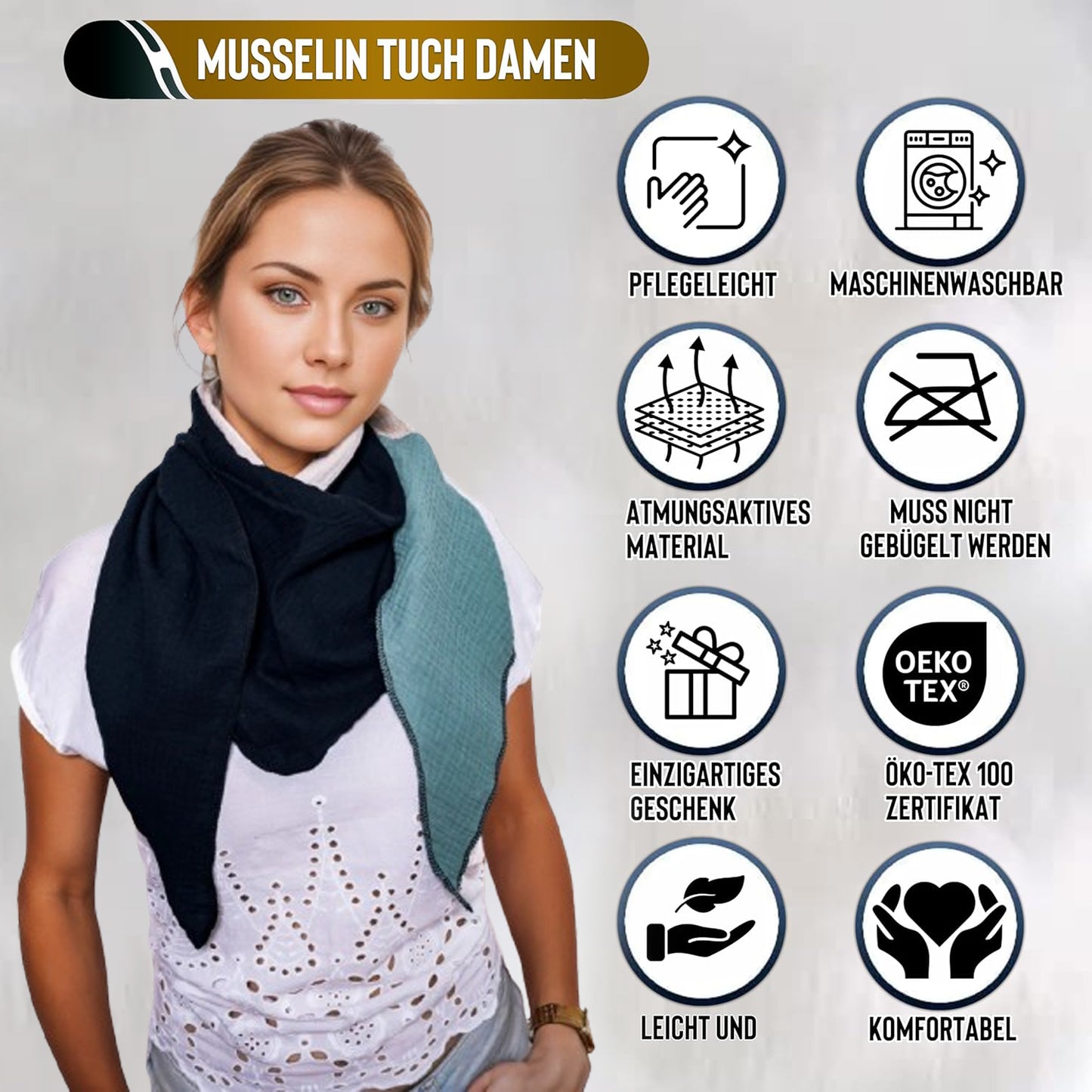 Musselin Schal Damen Dreieckig Mehrfarbig Schwarz-HellerSand-Grün