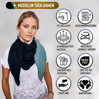 Musselin Schal Damen Dreieckig Mehrfarbig Schwarz-HellerSand-Grün