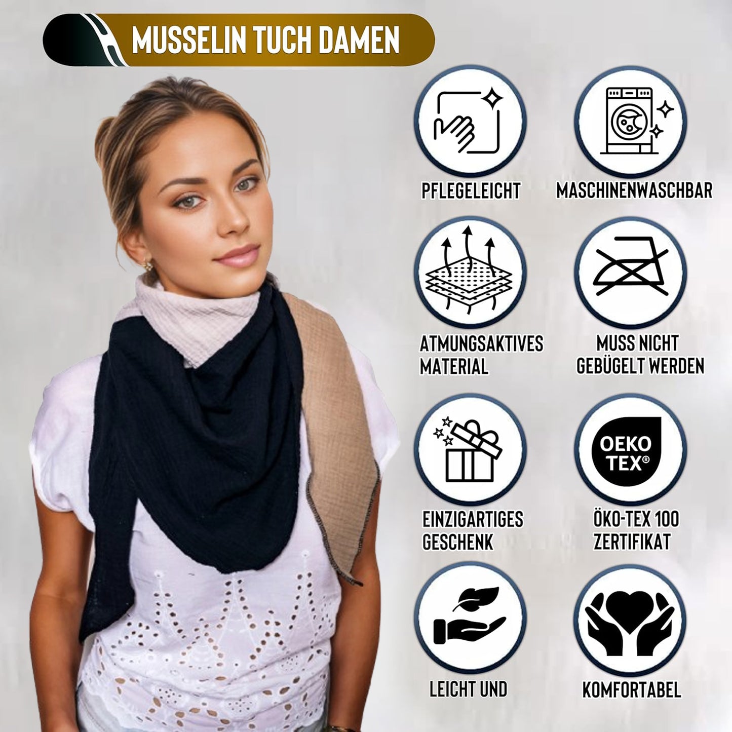 Musselin Schal Damen Dreieckig Mehrfarbig Schwarz-HellerSand-Beige