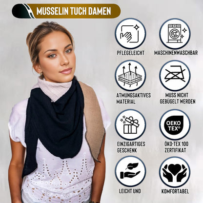 Musselin Schal Damen Dreieckig Mehrfarbig Schwarz-HellerSand-Beige