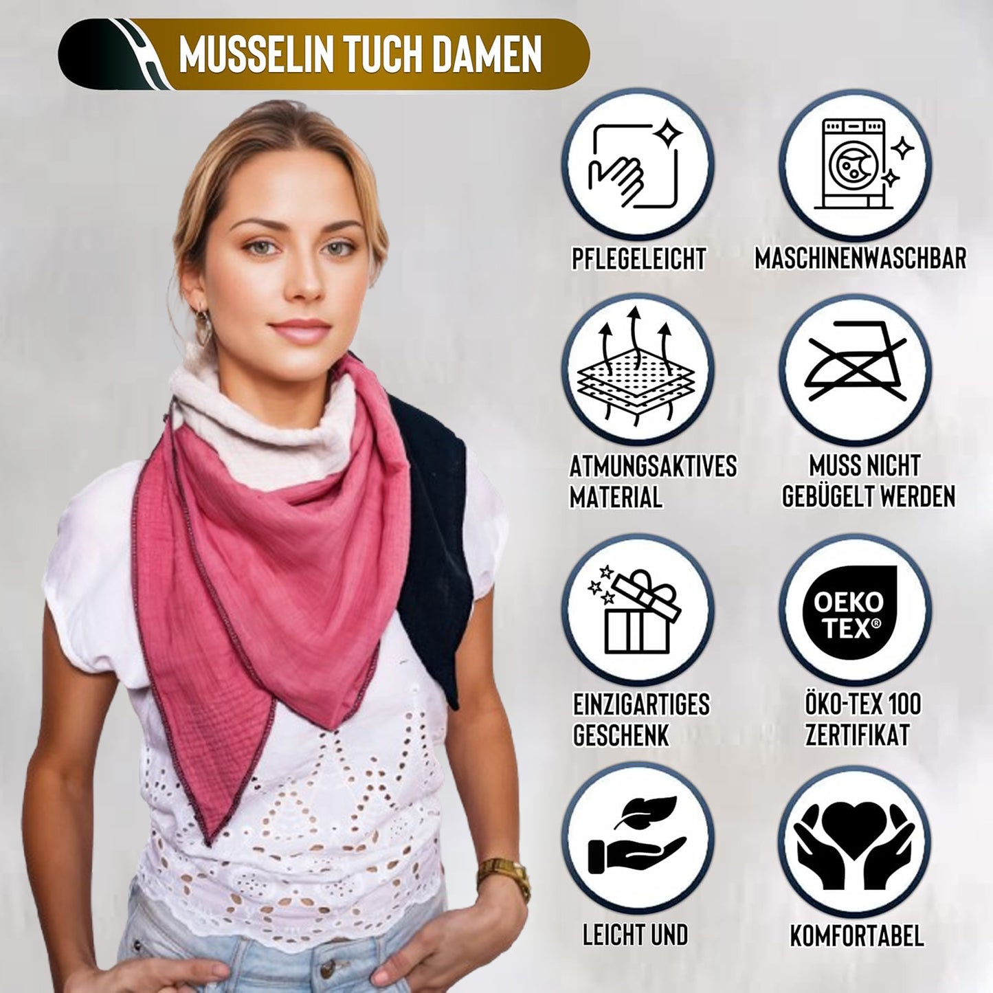 Musselin Schal Damen Dreieckig Mehrfarbig  Schwarz-HellerSand-Mauve