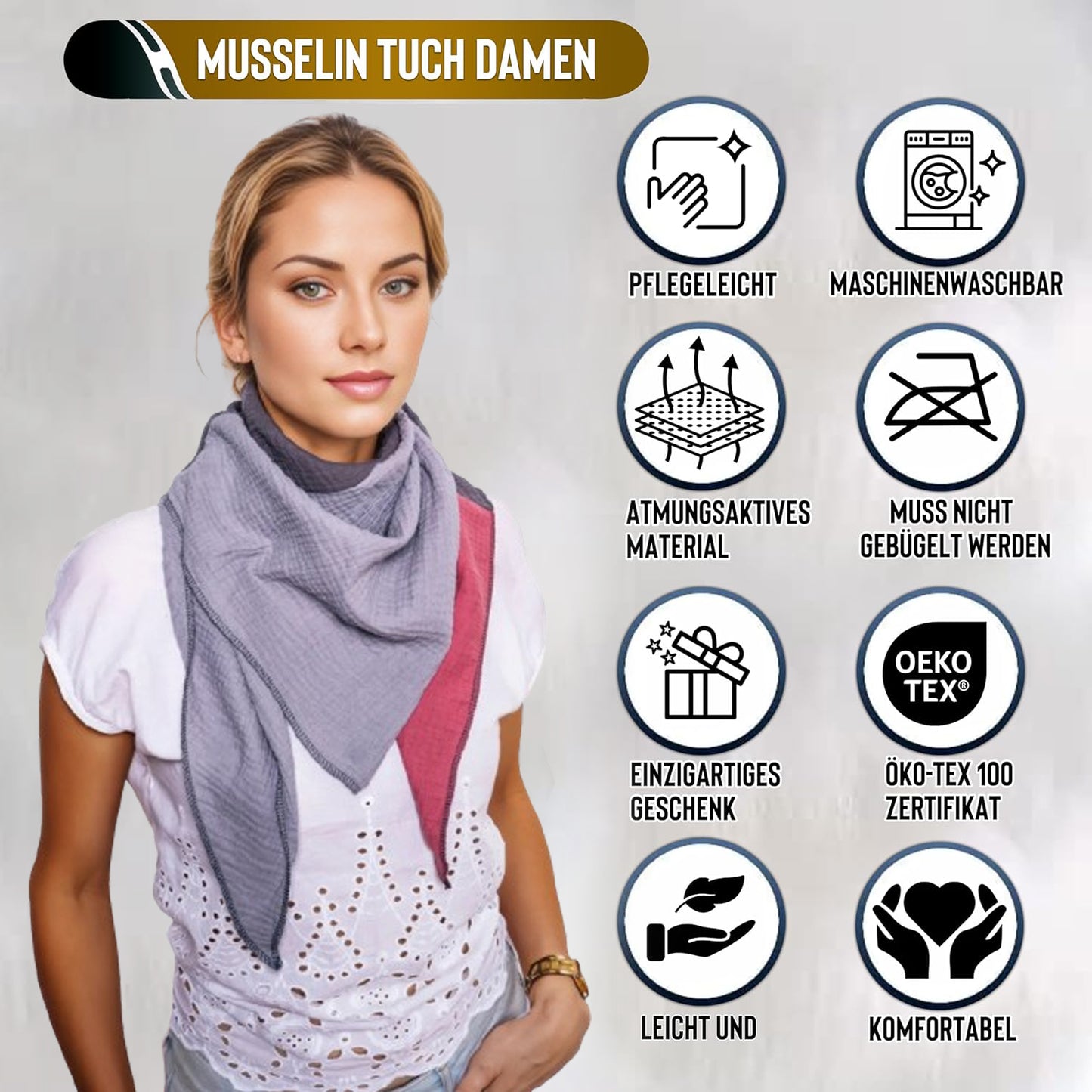 Musselin Schal Damen Dreieckig Mehrfarbig Grau-DunkelGrau-Mauve