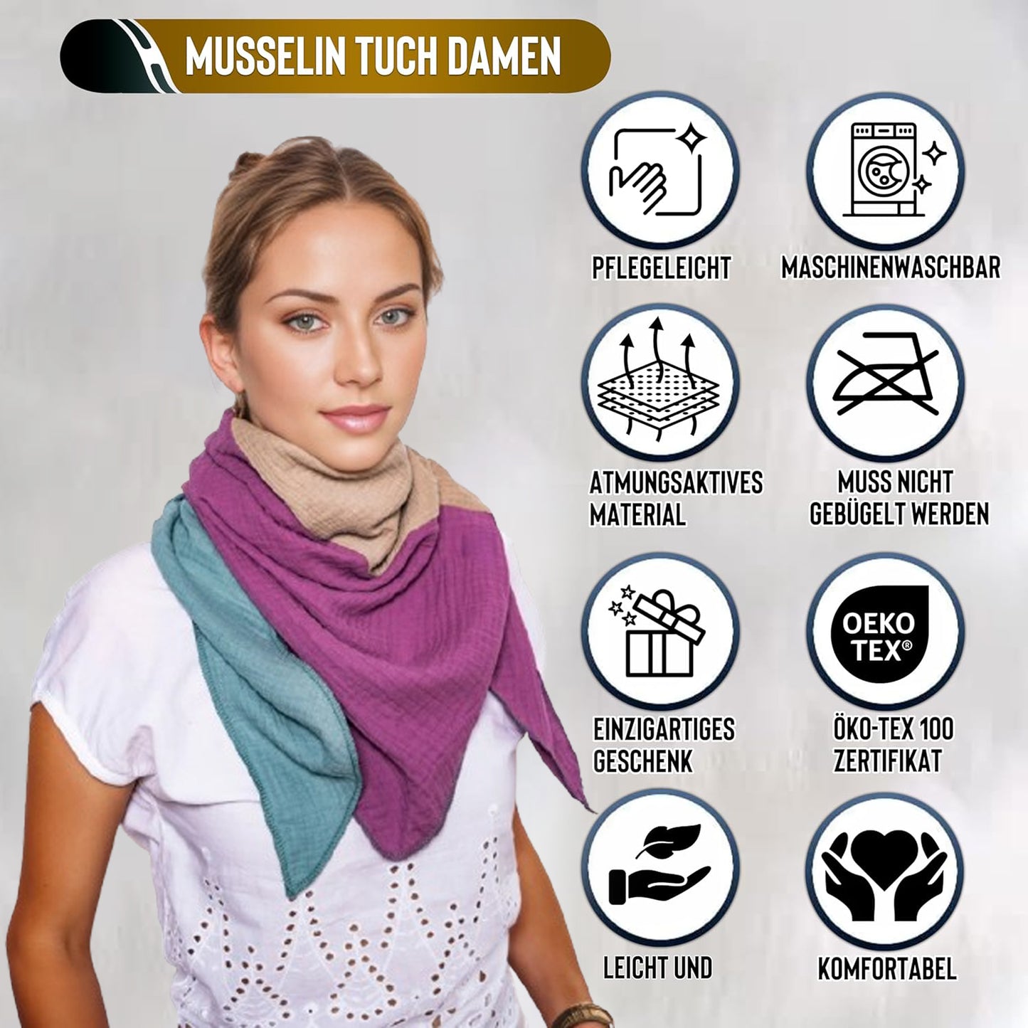 Musselin Schal Damen Dreieckig Mehrfarbig Grün-Beige-DunkelPurple