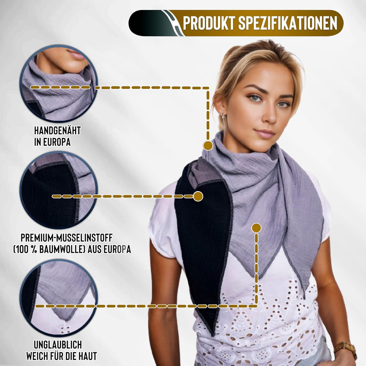 Musselin Schal Damen Dreieckig Mehrfarbig Grau-DunkelGrau-Schwartz