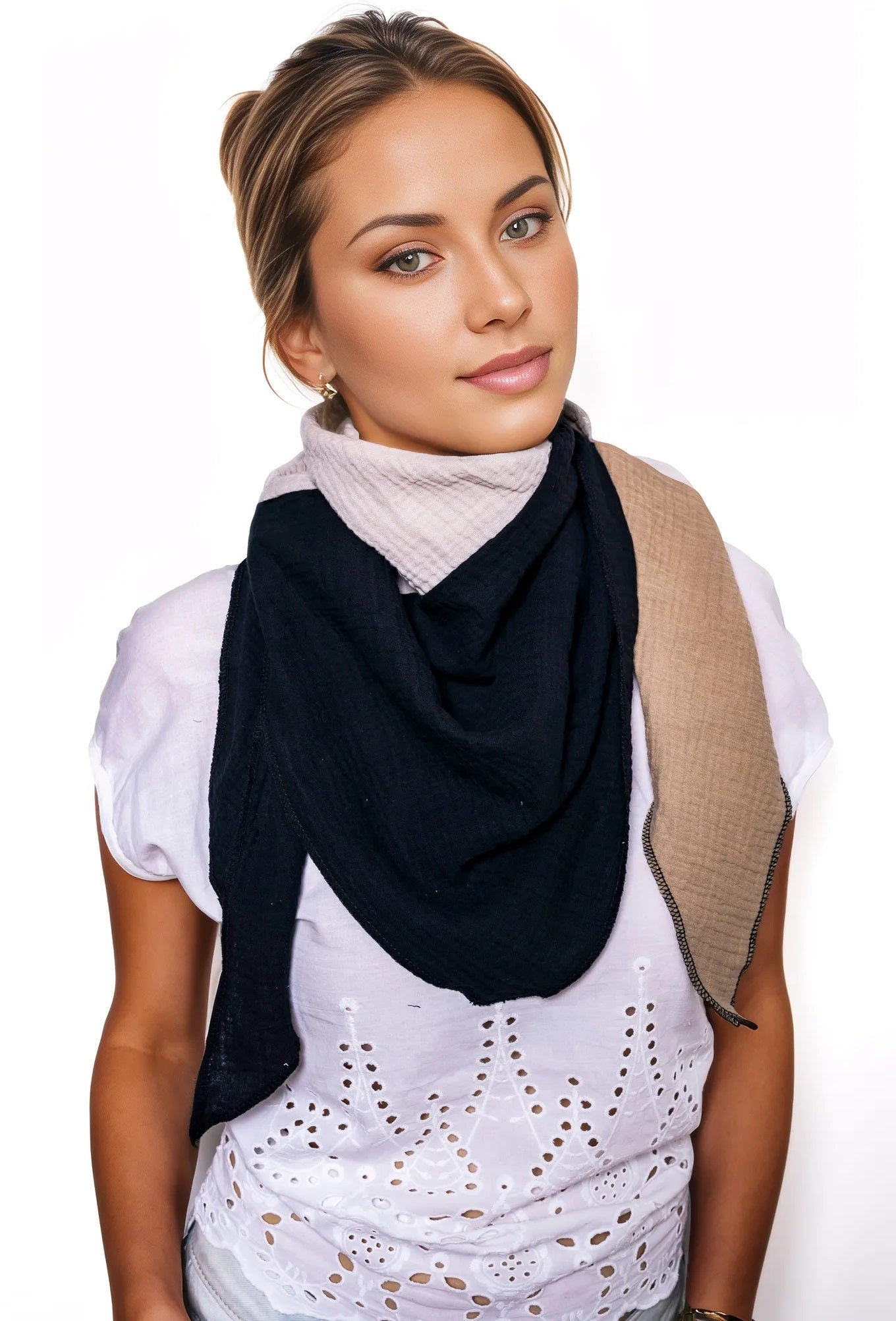 Musselin Schal Damen Dreieckig Mehrfarbig Schwarz-HellerSand-Beige