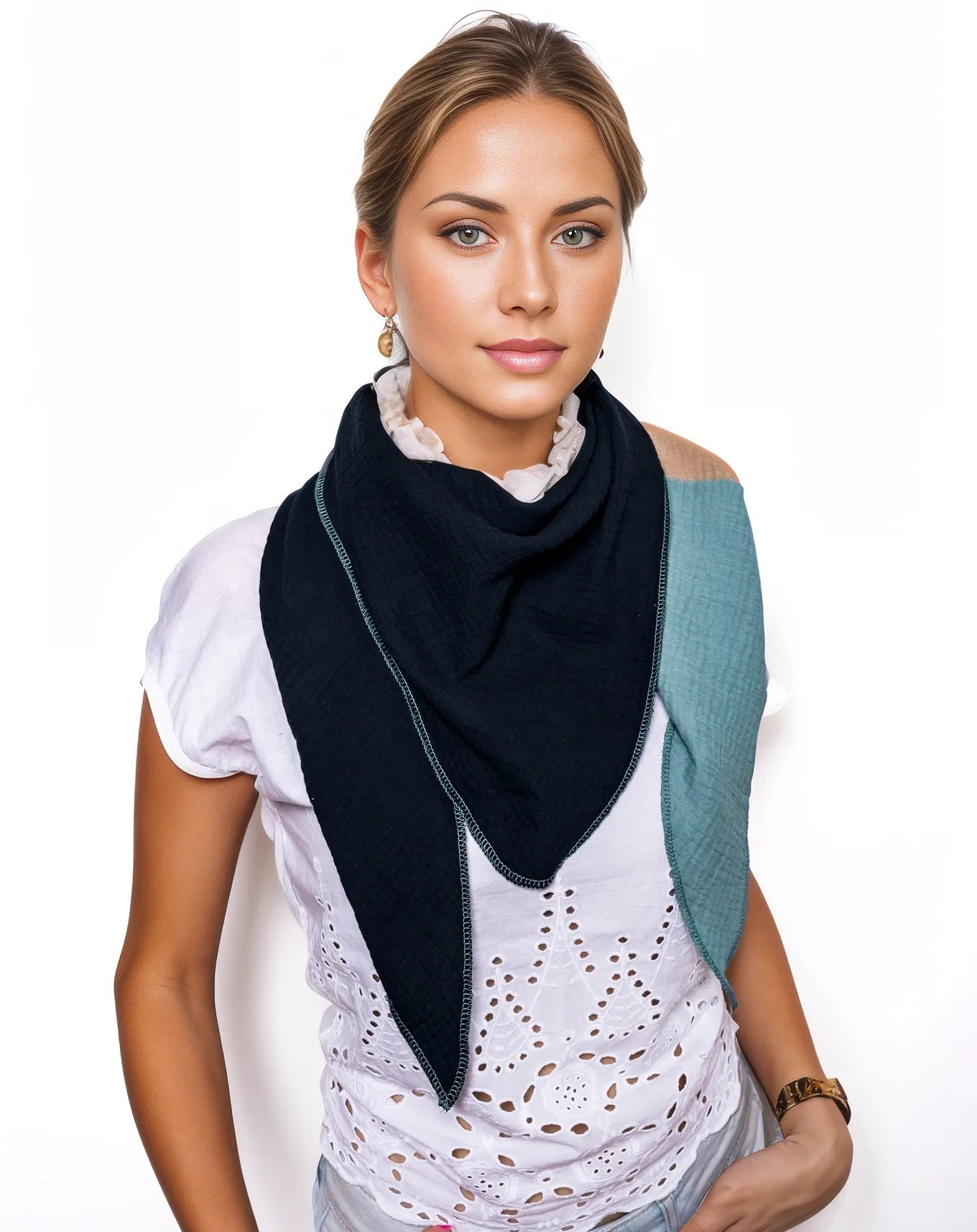 Musselin Schal Damen Dreieckig Mehrfarbig  Grün-Beige-Schwartz