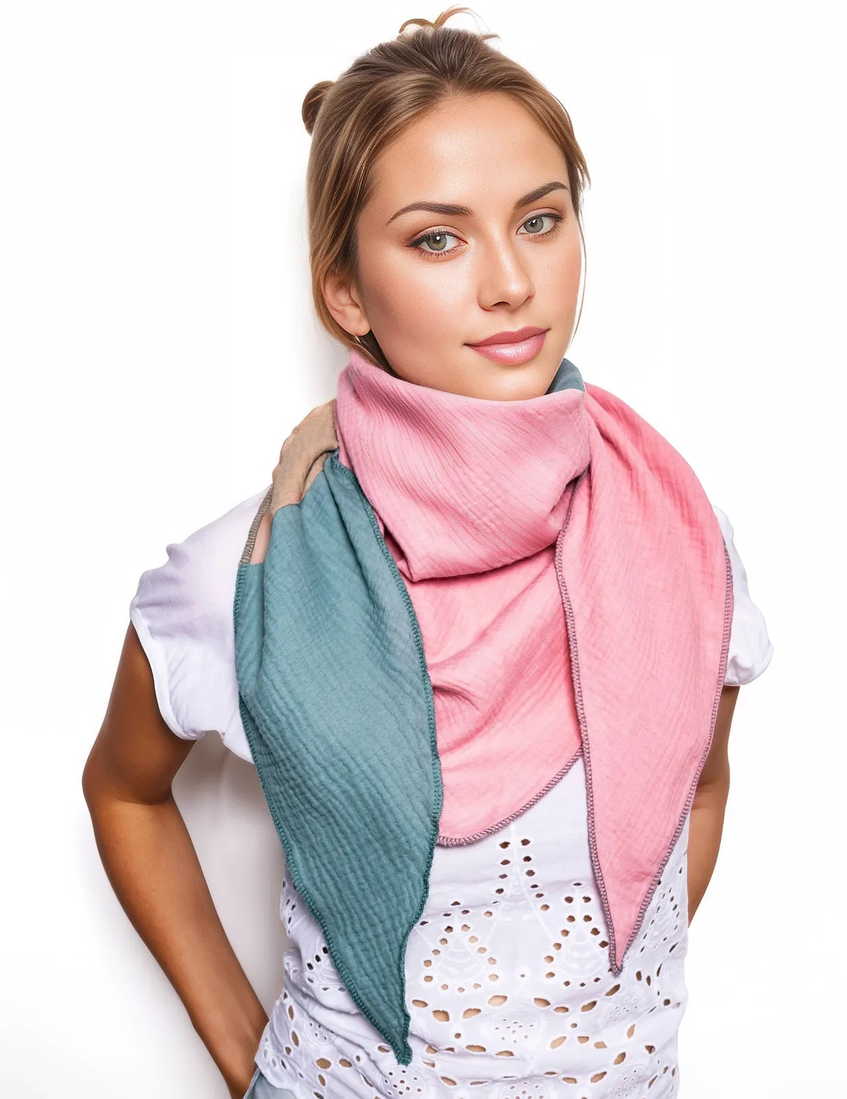 Musselin Schal Damen Dreieckig Mehrfarbig  Grün-Beige-AltRosa