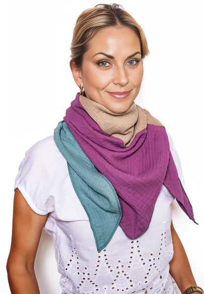 Musselin Schal Damen Dreieckig Mehrfarbig Grün-Beige-DunkelPurple