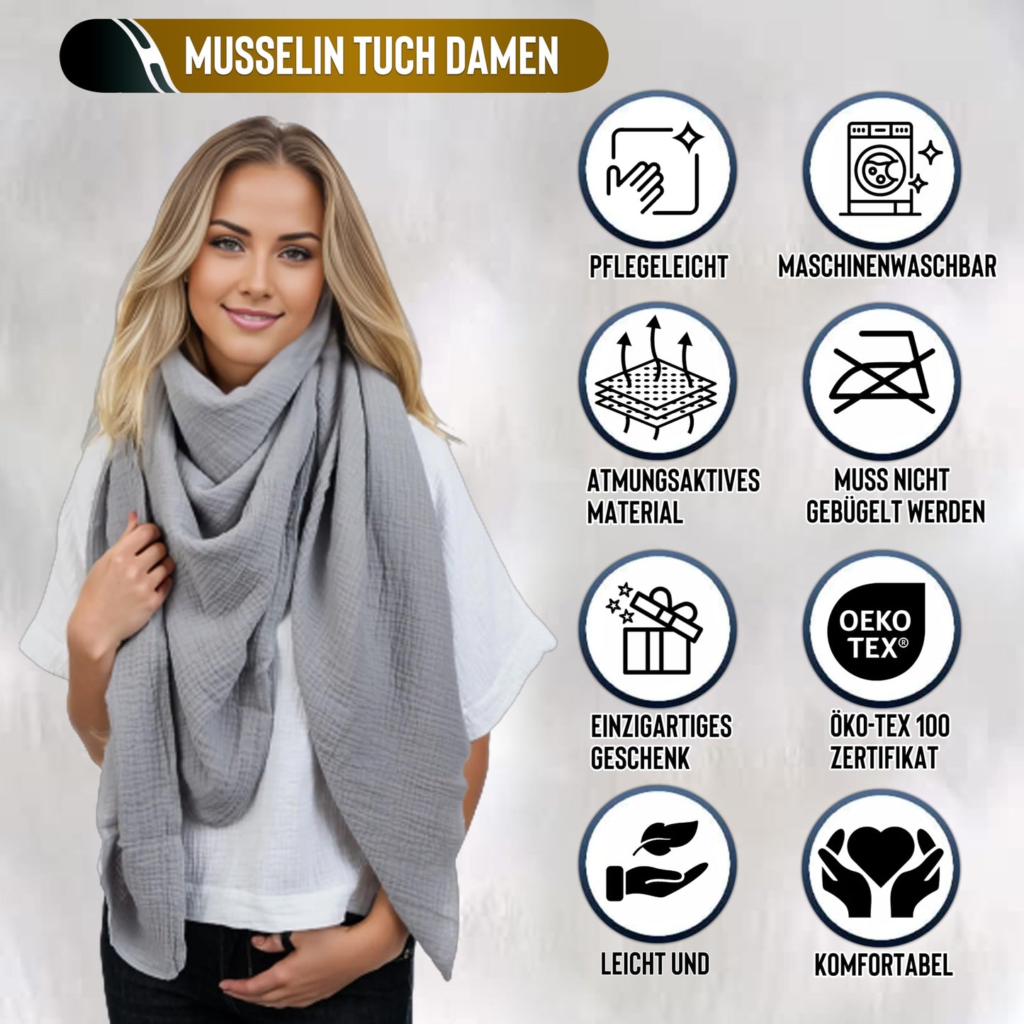 Musselin Tuch Damen Grau Viereckig
