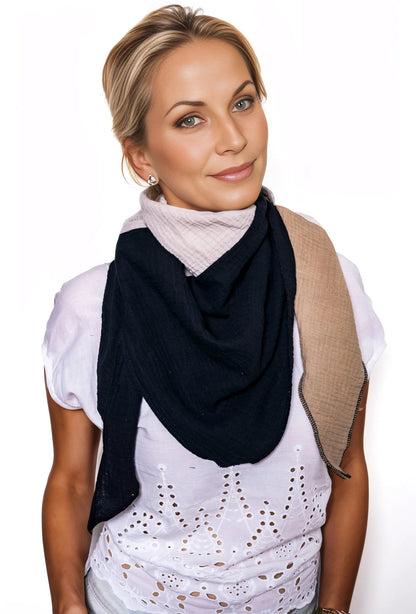Musselin Schal Damen Dreieckig Mehrfarbig Schwarz-HellerSand-Beige