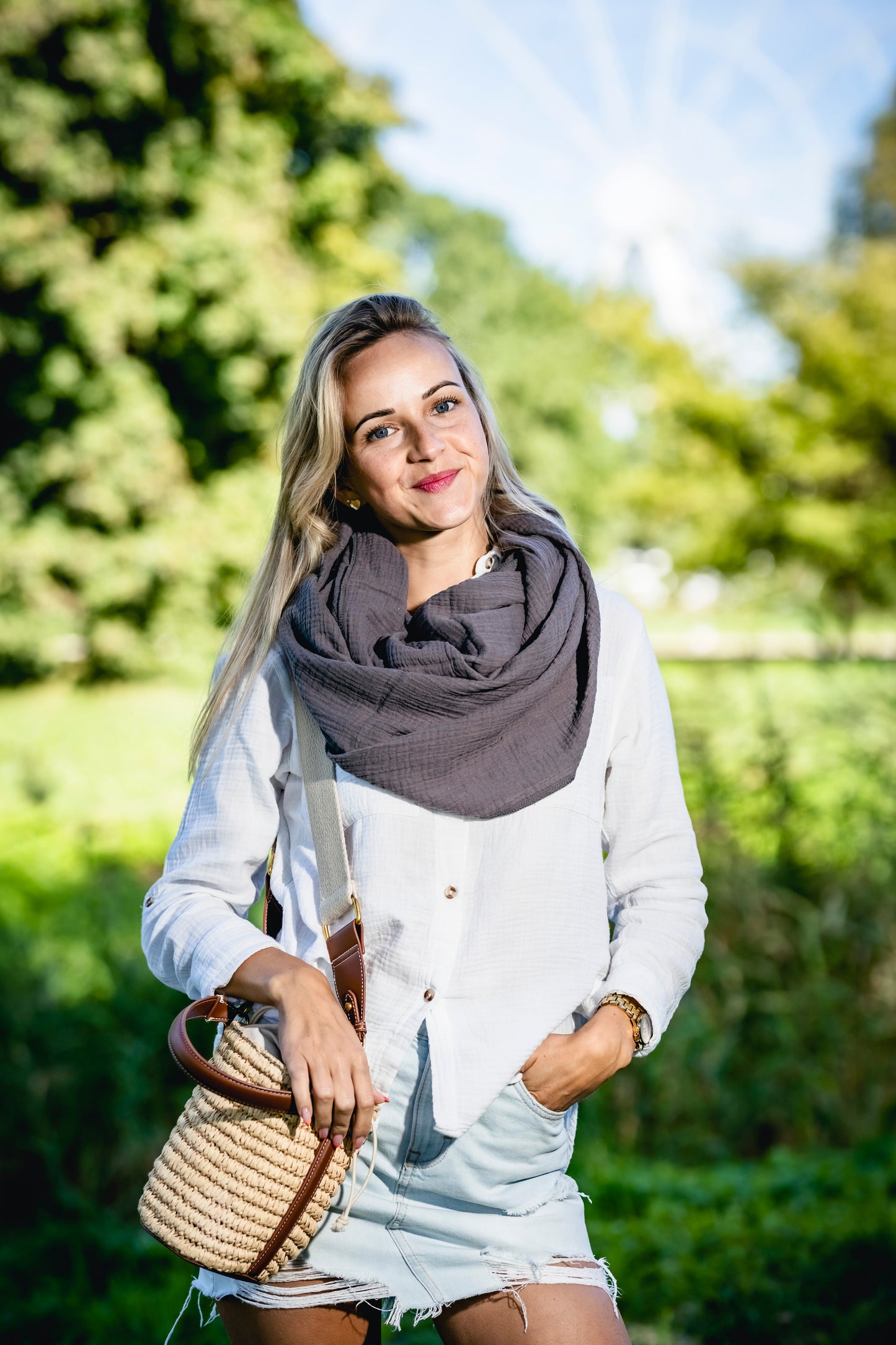 Musselin Loop Schal Damen Dunkelgrau