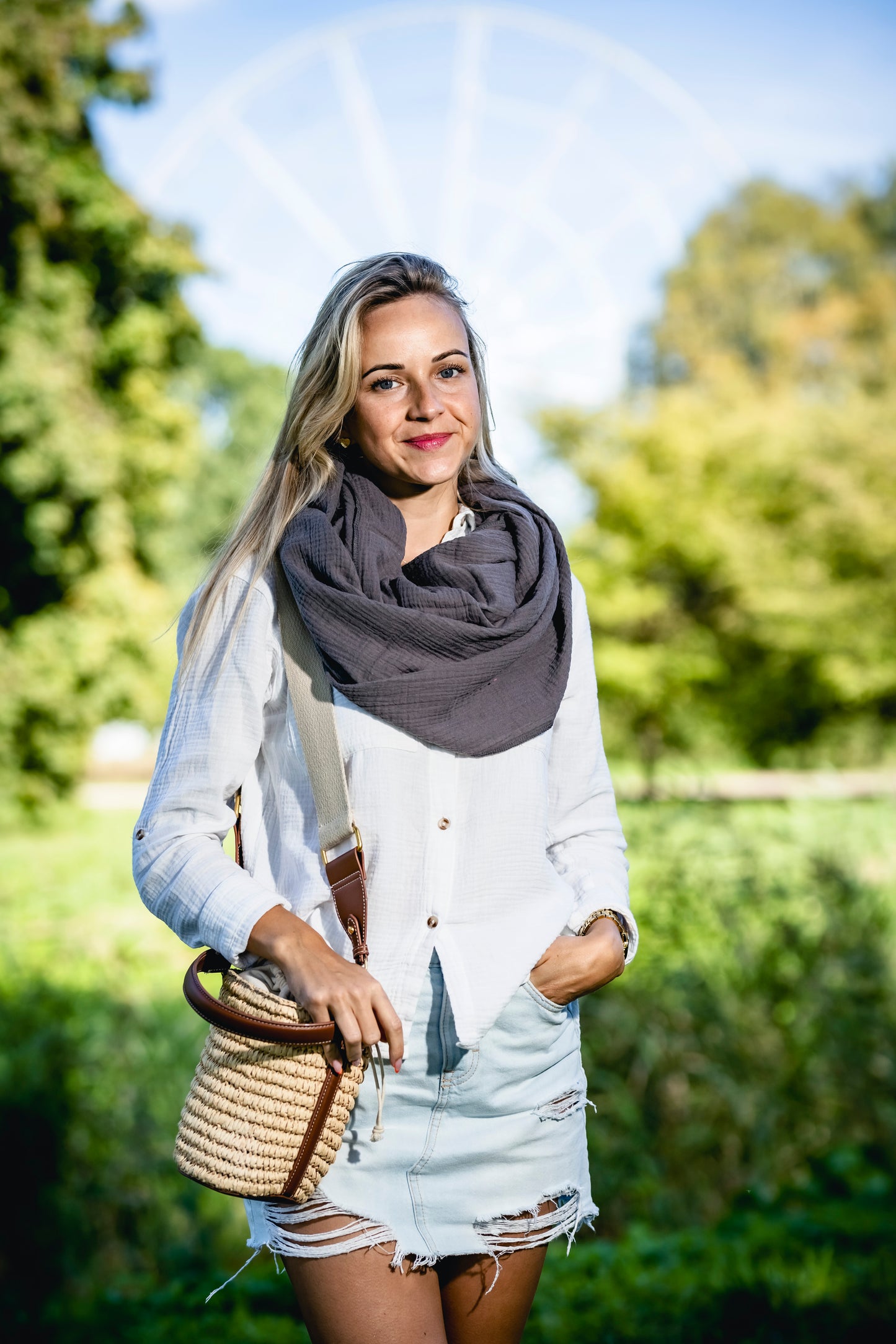 Musselin Loop Schal Damen Dunkelgrau