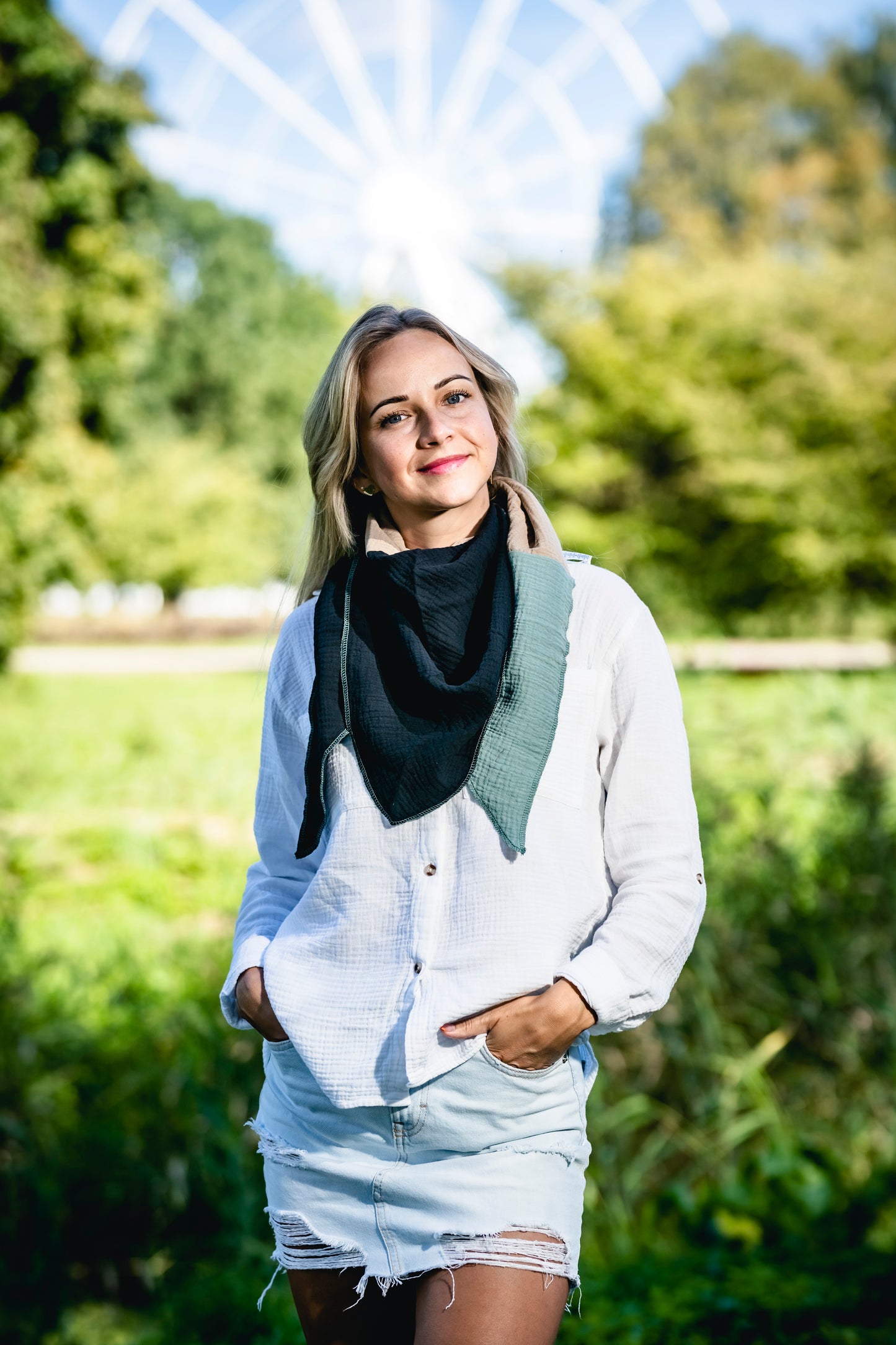 Musselin Schal Damen Dreieckig Mehrfarbig Grau-DunkelGrau-Grün